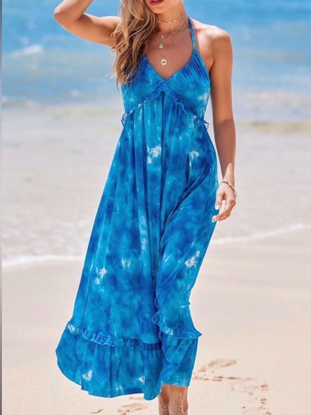 Cupshe Tie Dye & Ruffle Maxi Jersey Halter Tie Sun Dress in Blue&White/sz sm/EUC - Picture 2 of 13